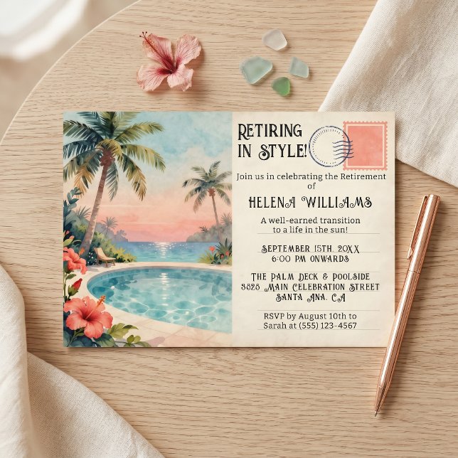 Invitación Fiesta de jubilación junto a la piscina al atardec (Subido por el creador)