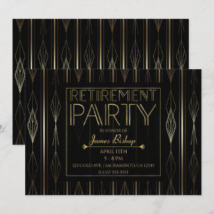 Invitación Fiesta de jubilación laboral Art Déco negro y dora