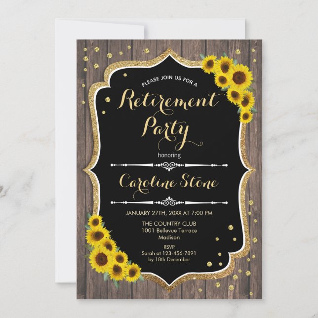 Invitación Fiesta de Jubilación - Madera Rústica Sunflowers (Anverso)