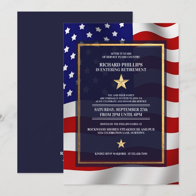 Invitación Fiesta de Jubilación Militar Bandera de Estados Un (Anverso / Reverso)