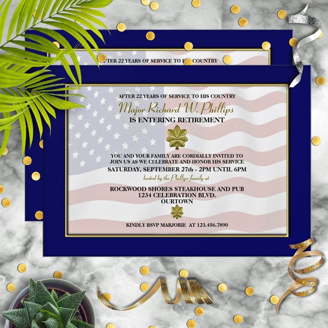 Invitación Fiesta de Jubilación Militar con Leaf de Oro (Subido por el creador)