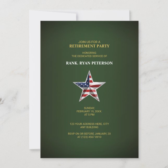 Invitación Fiesta de Jubilación Militar - Estrella Verde Patr (Anverso)