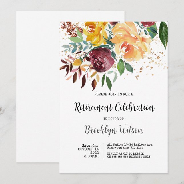 Invitación Fiesta de Jubilación Moda elegante Floral (Anverso / Reverso)