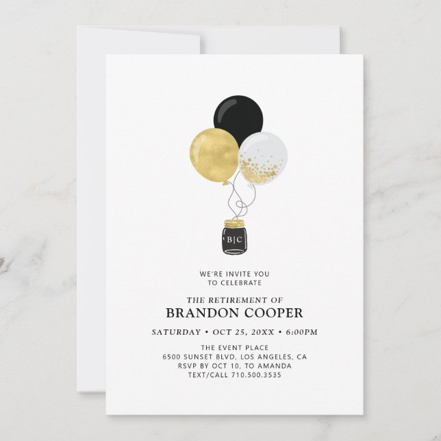 Invitación Fiesta de Jubilación Moderna de Globos Dorados y N (Anverso)
