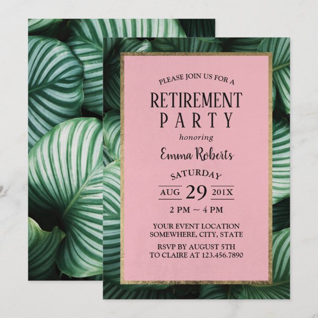 Invitación Fiesta de Jubilación Moderna de las Hojas Tropical (Anverso / Reverso)