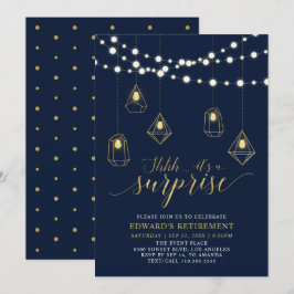 Invitación Fiesta de jubilación moderna sorpresa dorada y azu