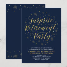 Fiesta de jubilación moderna sorpresa dorada y azu