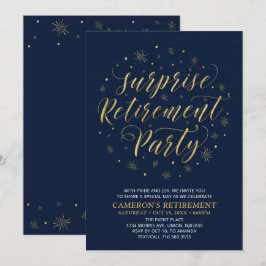 Invitación Fiesta de jubilación moderna sorpresa dorada y azu