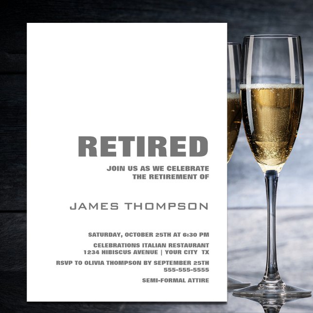 Invitación Fiesta de Jubilación Moderno Blanco y Gris (Subido por el creador)