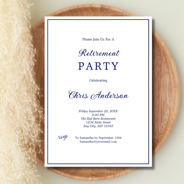 Invitación Fiesta de Jubilación Moderno Mínimo Blanco Azul (Blue White Minimalist Simple Retirement Party invitation for him or her, Professional Business )