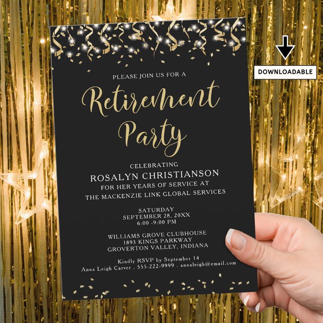 Invitación Fiesta de Jubilación Moderno Optimistas de Oro Neg (Subido por el creador)