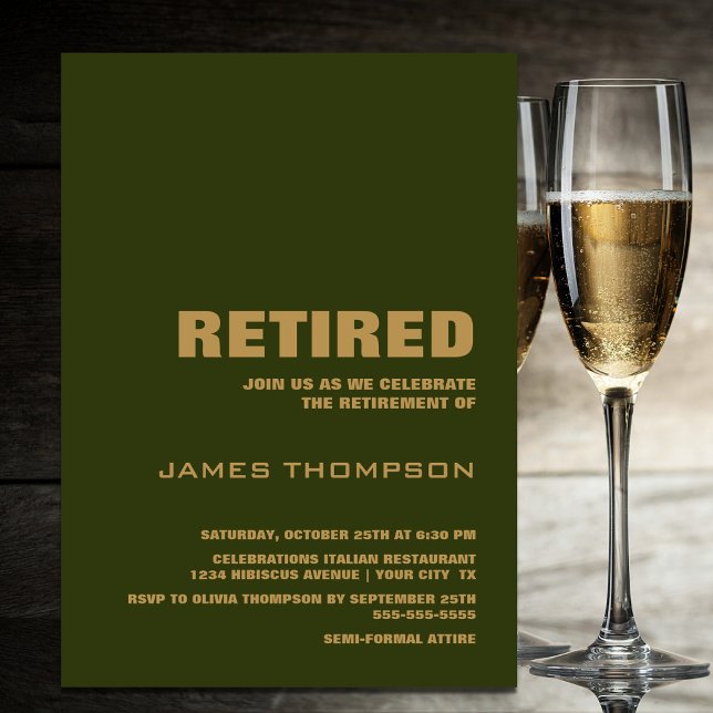 Invitación Fiesta de Jubilación Moderno Simple Verde y Oro (Subido por el creador)