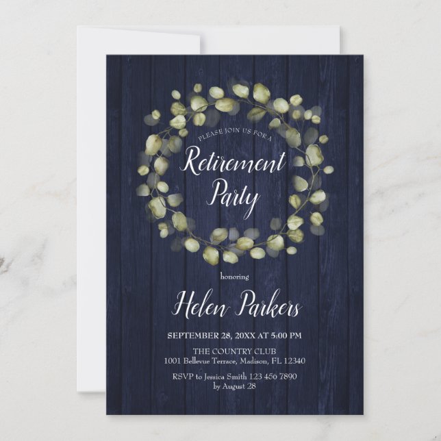 Invitación Fiesta de Jubilación Navy Blue Botanath Wreath (Anverso)