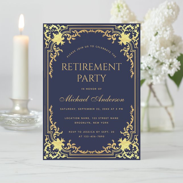 Invitación Fiesta de Jubilación Navy Relieve metalizado dorad (Subido por el creador)