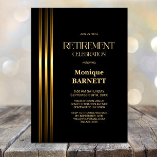 Invitación Fiesta de Jubilación Negra con Rayas Doradas