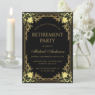 Invitación Fiesta de Jubilación Negro Elegante Dorado Falso V