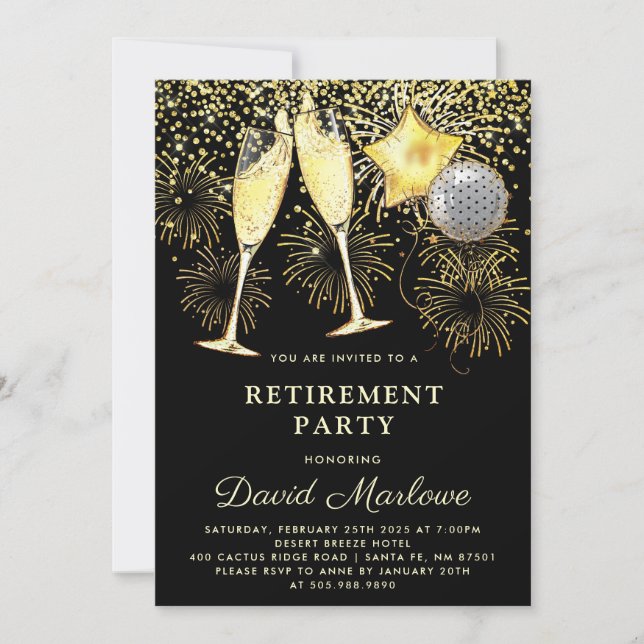 Invitación Fiesta de Jubilación Oro Confetti Negro Champagne (Anverso)
