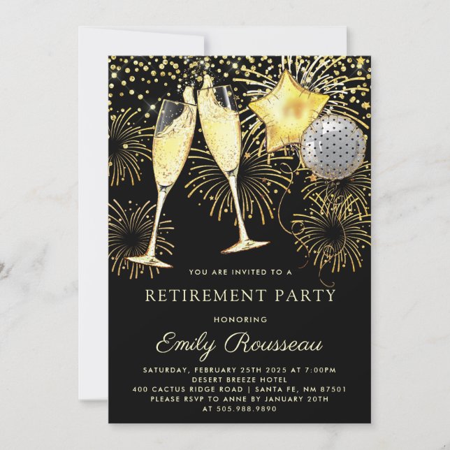 Invitación Fiesta de Jubilación Oro Confetti Negro Champagne (Anverso)