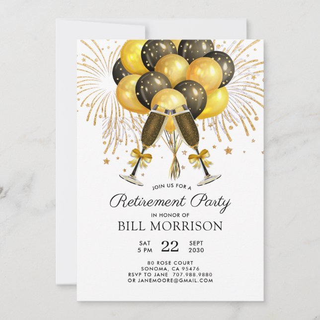 Invitación Fiesta de Jubilación Oro Globos Negros Champagne (Anverso)