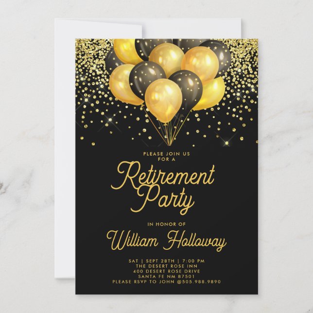Invitación Fiesta de Jubilación Oro Globos Negros Confetti (Anverso)