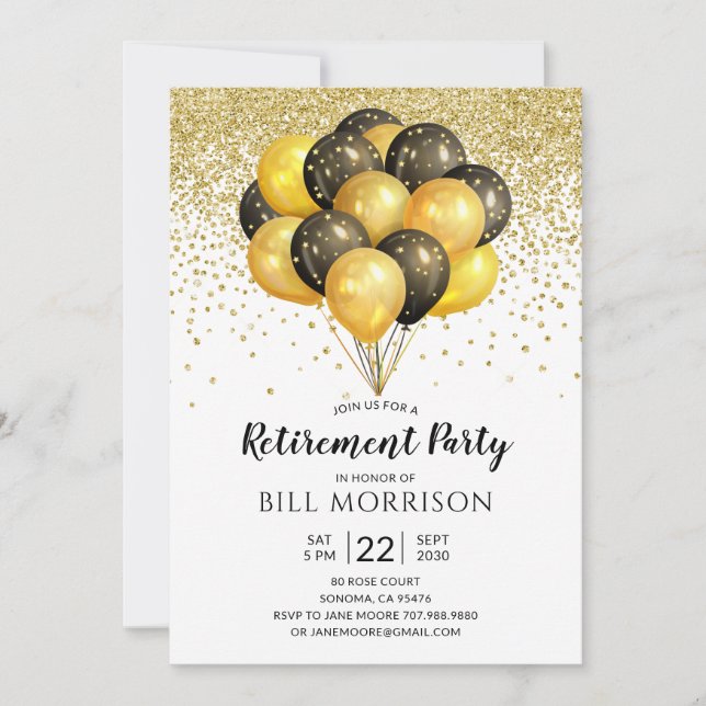 Invitación Fiesta de Jubilación Oro Globos Negros Confetti (Anverso)