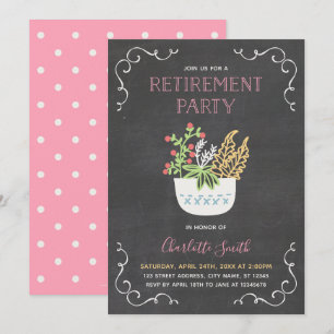 Invitación Fiesta de Jubilación Pizarra Rosa Maceta de Flores