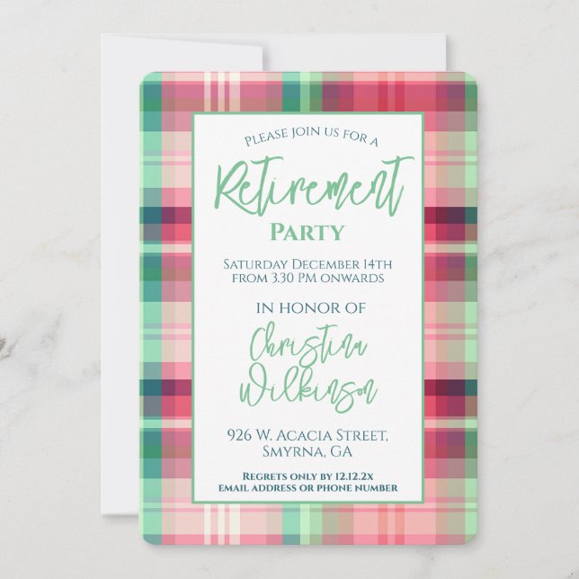 Invitación Fiesta de Jubilación Plástica Tartán Verde Rosa (Anverso)