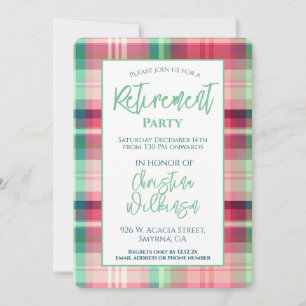 Invitación Fiesta de Jubilación Plástica Tartán Verde Rosa