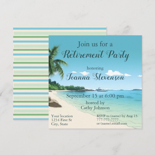 Invitación Fiesta de Jubilación Playa Tropical Palmeras (Anverso / Reverso)