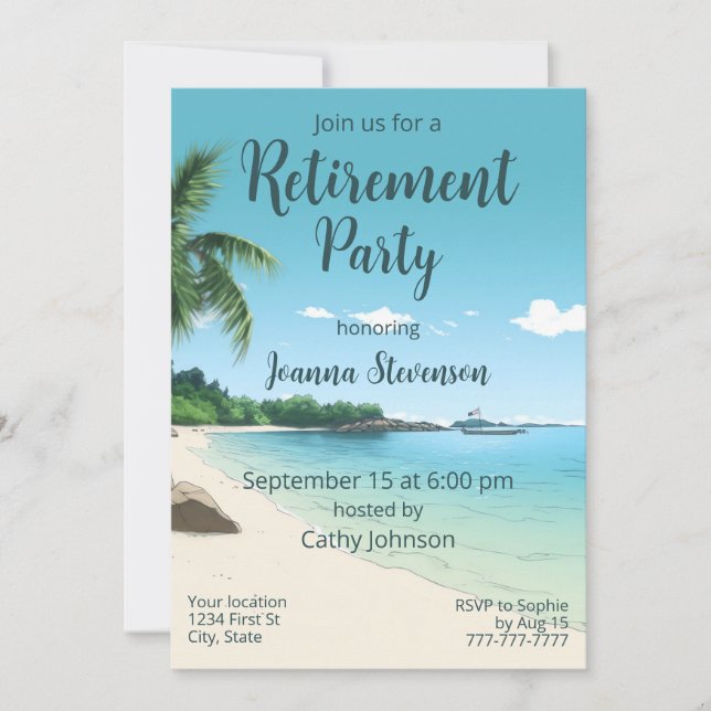 Invitación Fiesta de Jubilación Playa Tropical Palmeras (Anverso)