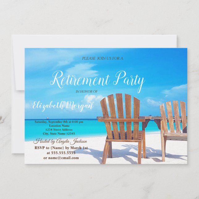 Invitación Fiesta de Jubilación Playa Tropical,Sillas de Made (Anverso)
