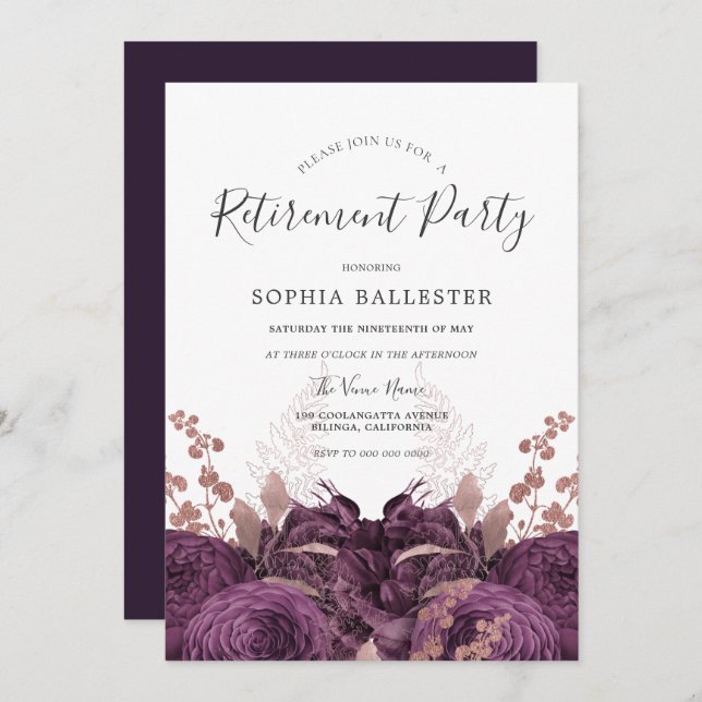 Invitación Fiesta de Jubilación Purple Burgundy Floral Elegan (Anverso / Reverso)