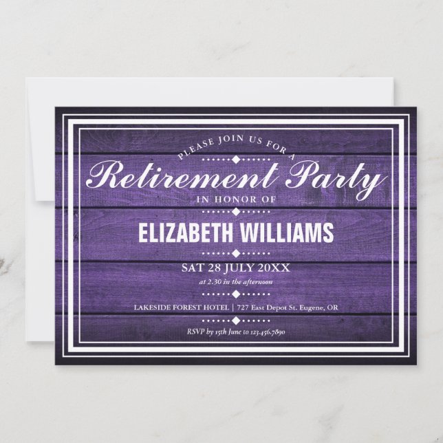 Invitación Fiesta de Jubilación Purple Rusn Barn Wood (Anverso)