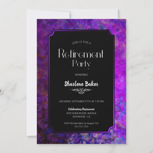 Invitación Fiesta de Jubilación Púrpura y Negro (Anverso)