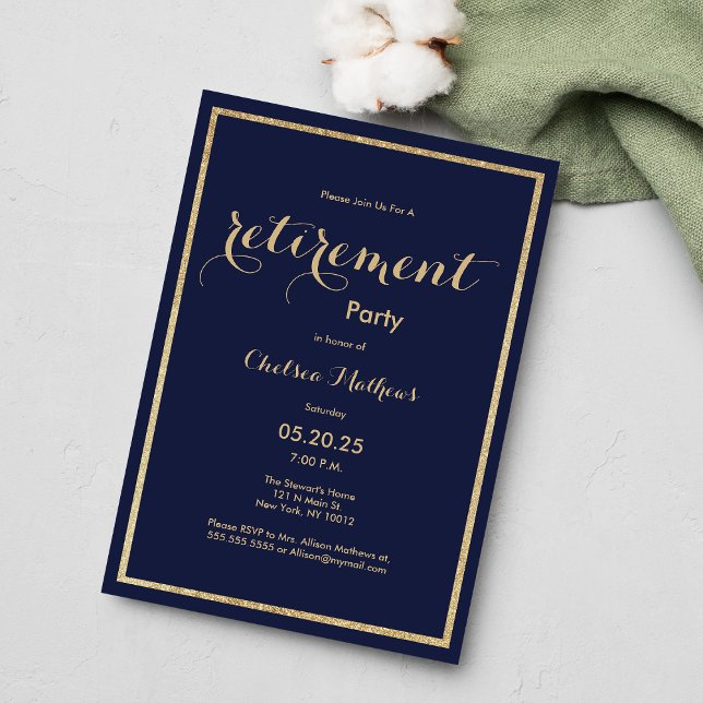 Invitación Fiesta de Jubilación purpurina de oro azul marino  (Classic navy blue gold glitter Retirement Party)