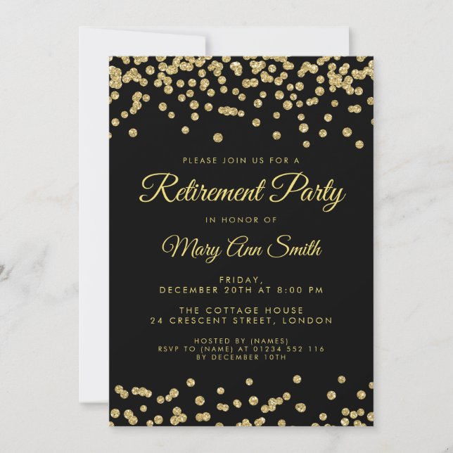 Invitación Fiesta de Jubilación Purpurina de Oro Confetti Neg (Anverso)