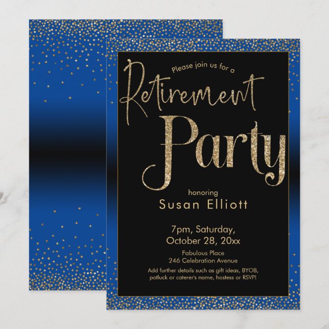 Invitación Fiesta de Jubilación Purpurina de Oro en azul bril (Anverso / Reverso)