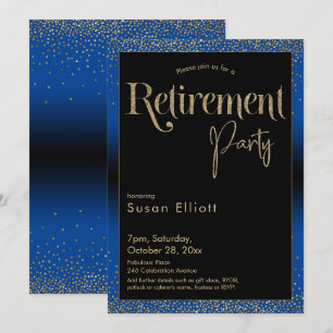 Invitación Fiesta de Jubilación Purpurina de Oro en azul bril