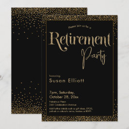 Invitación Fiesta de Jubilación Purpurina de Oro en negro