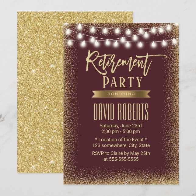 Invitación Fiesta de Jubilación Purpurina moderno de oro rojo (Anverso / Reverso)