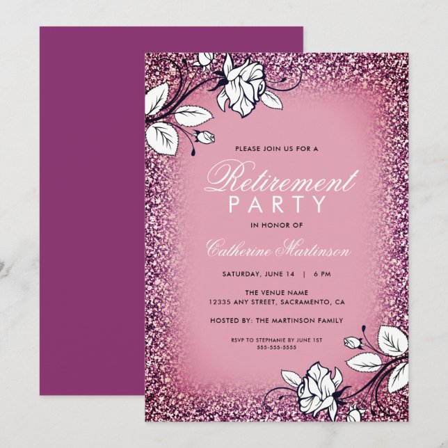 Invitación Fiesta de Jubilación Purpurina morado Roses blanca (Anverso / Reverso)