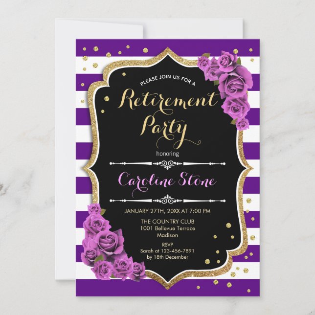 Invitación Fiesta de Jubilación - Rayas Blancas Púrpura (Anverso)