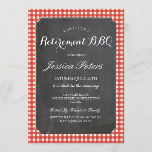 Invitación Fiesta de Jubilación Red Check Rustic Chalk BBQ