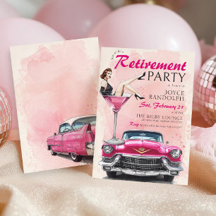 Invitación Fiesta de jubilación Retro Glam Pink Vintage Car 1