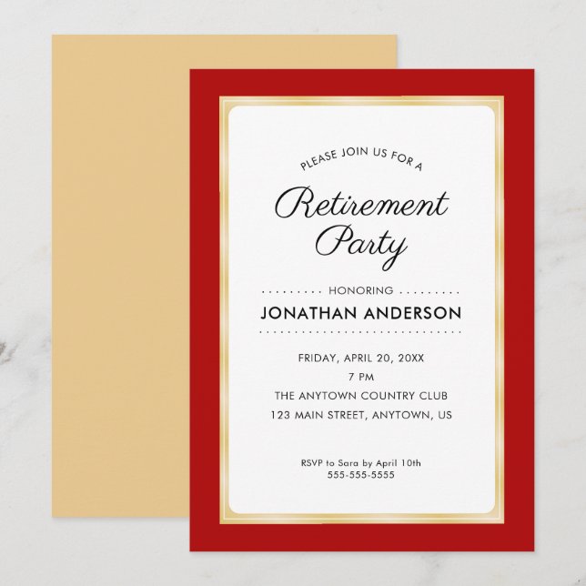 Invitación Fiesta de Jubilación | Rojo y Oro (Anverso / Reverso)