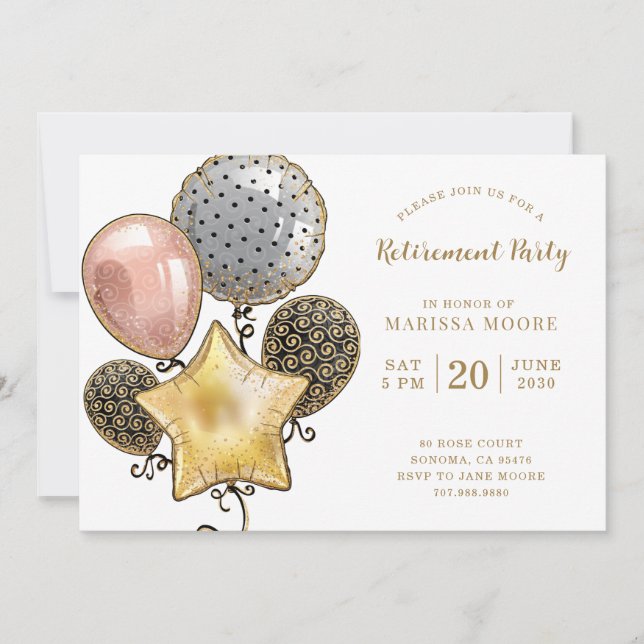 Invitación Fiesta de Jubilación Rosa de Oro Globos de Oro (Anverso)