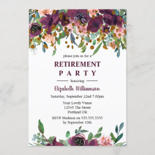 Invitación Fiesta de Jubilación Rosa Floral y Burdeos