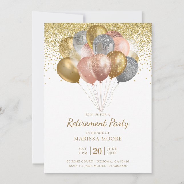 Invitación Fiesta de Jubilación Rosa Globos de Oro Plateado O (Anverso)