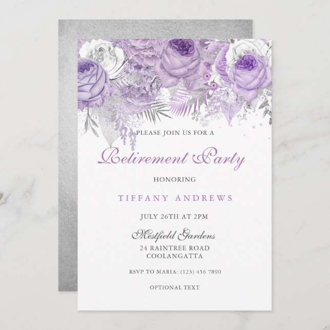 Invitación Fiesta de Jubilación Rosa Púrpura Plata Wonderland (Anverso / Reverso)