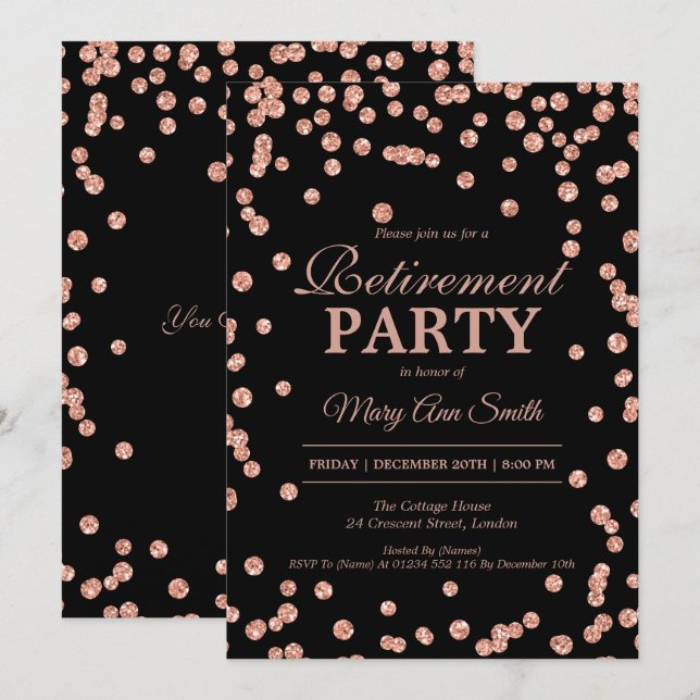 Invitación Fiesta de Jubilación Rosa Purpurina de Oro Confett (Anverso / Reverso)